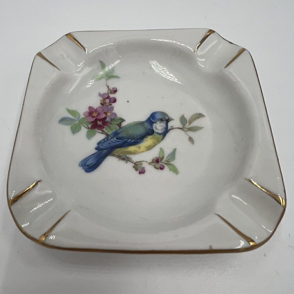 DRESDEN BIRD ASHTRAY Hand Painted With 14K Gold MINI Porcelain ASHTRAY Germany